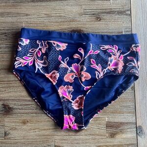 Lands End Womens Navy Blue Floral High Waisted Bikini Swim Bottoms Size 14